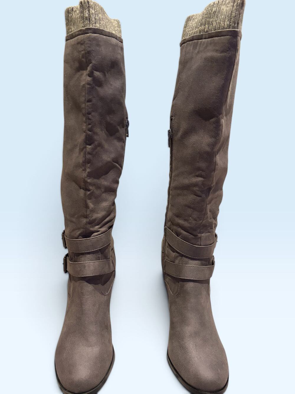 JustFab Waynoka Women’s 11 Brown Taupe Tall Boots Sweater Cuff Buckle Heel